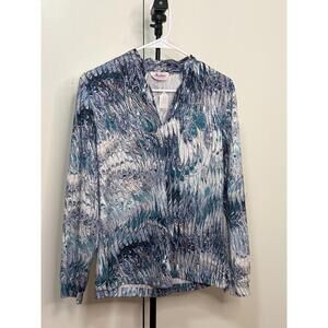 Aladdin Abstract Marble Print Long Sleeve Blouse Blue Teal Women’s 22 USA Made